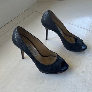 Jimmy Choo size 8 peep toe glitter black platform pump